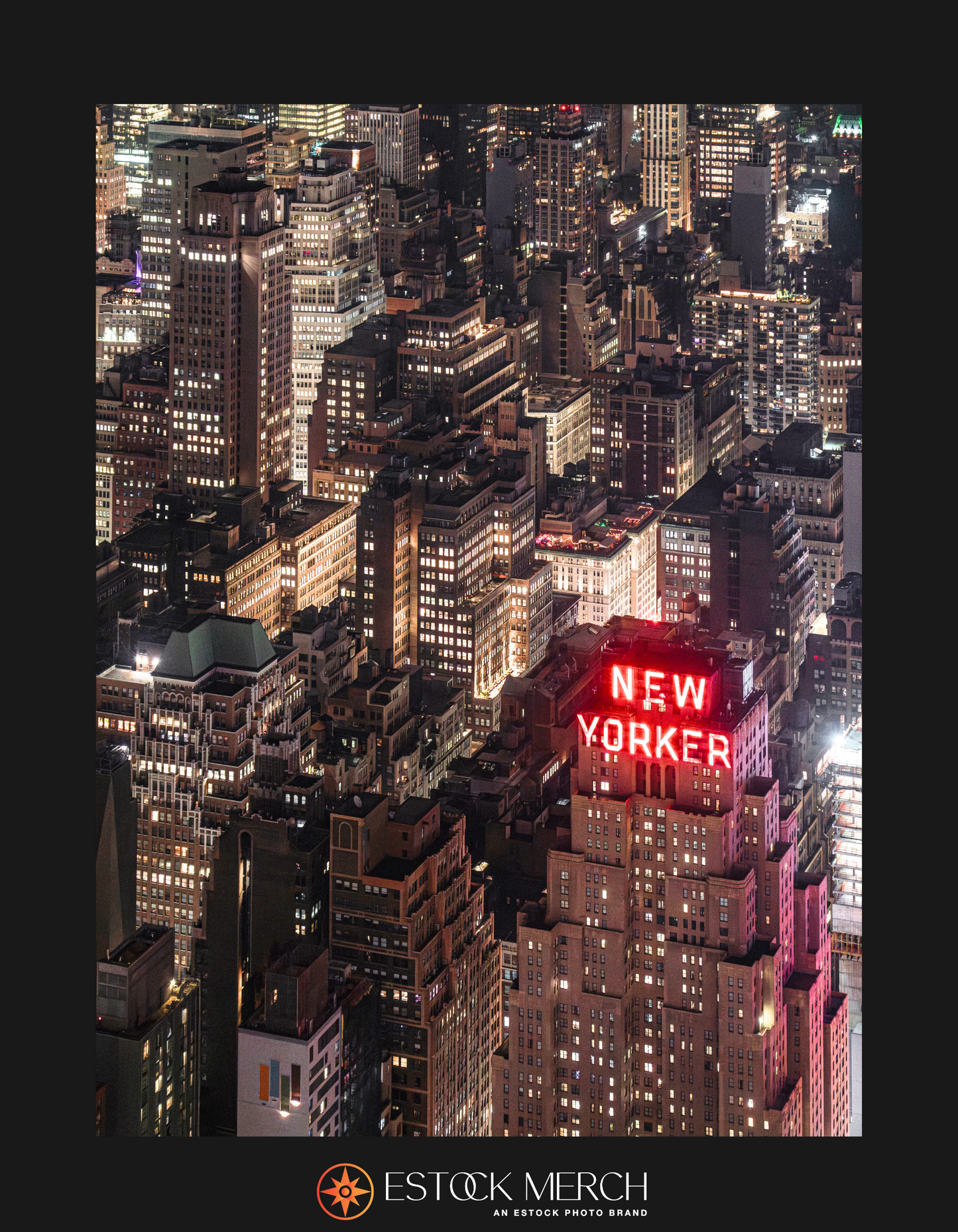 Midtown Manhattan cityscape at night with illuminated buildings, featuring the 'New Yorker' building