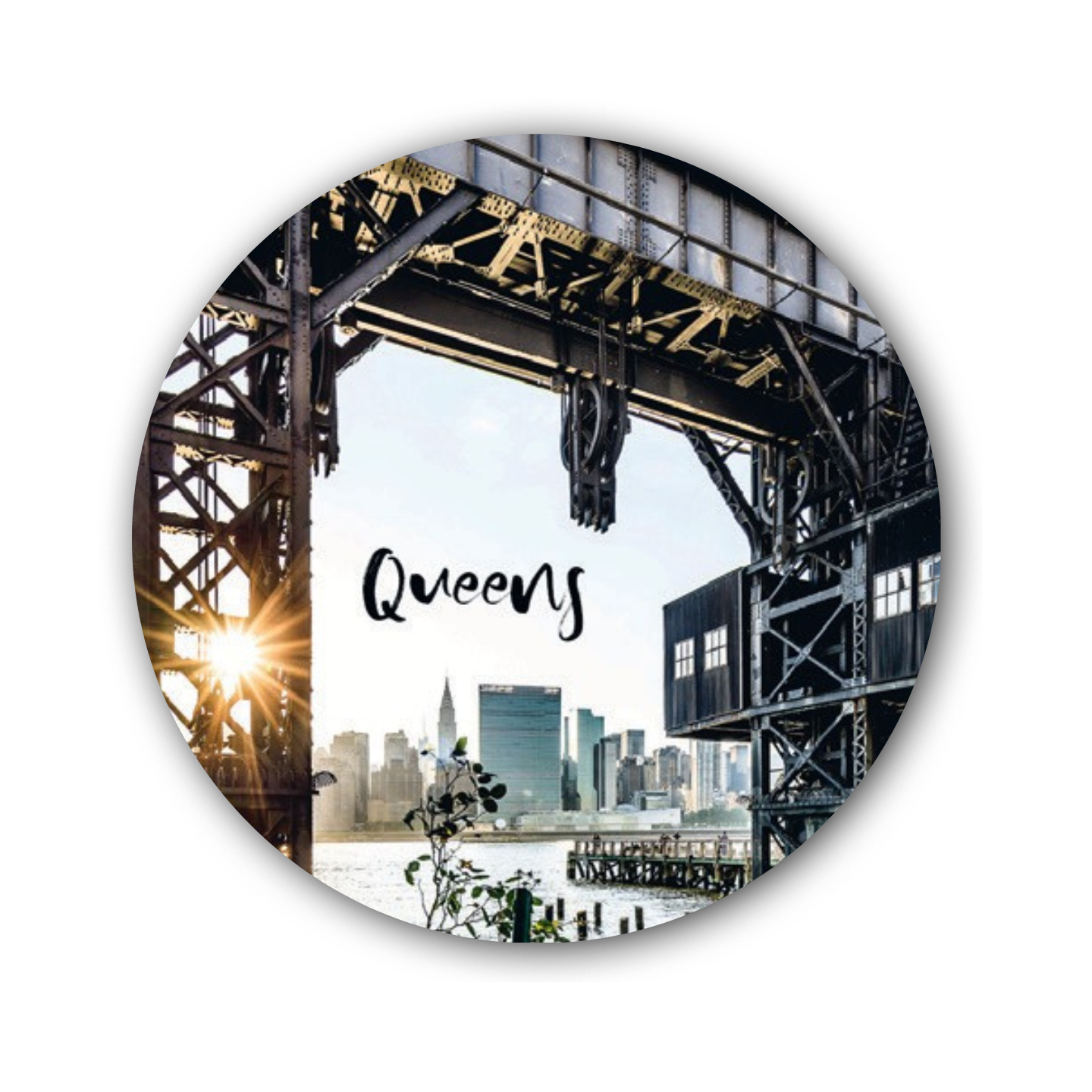 Round magnet of View of Manhattan skyline through the Transfer Bridges in Long Island City, Queens, New York